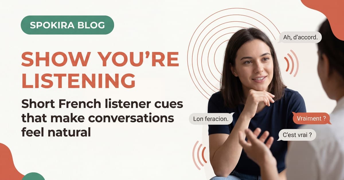 French learner using short listener cues and follow-up questions in a natural conversation